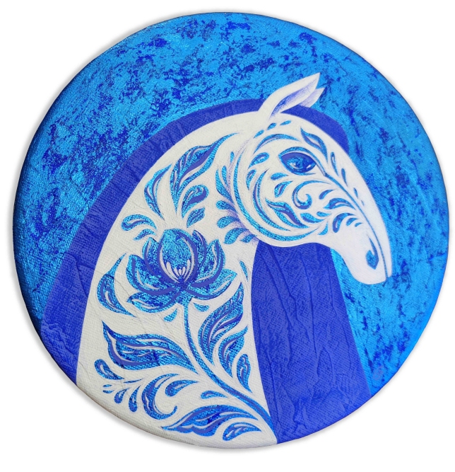 Painting for sale online - White horse in blue flowers