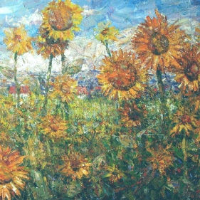 Painting for sale online - Sunflowers near Alps mountains. 