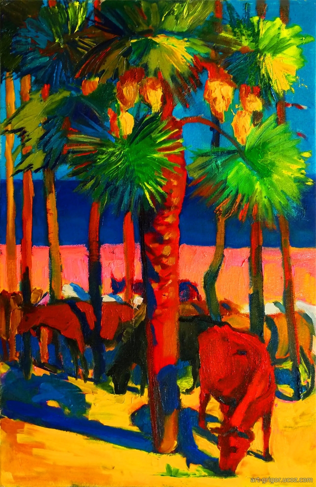 Painting for sale online - Red cow under a palm tree
