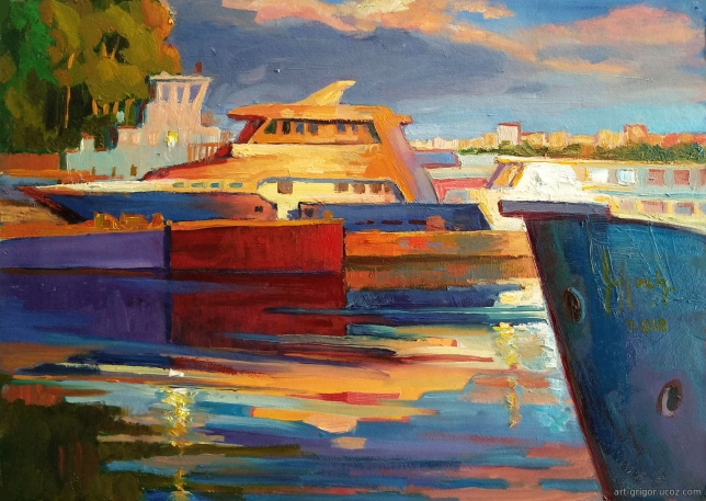 Painting for sale online - Yacht at sunset