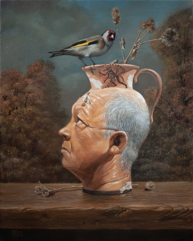 Painting for sale online - Self-portrait as a rhyton and goldfinch