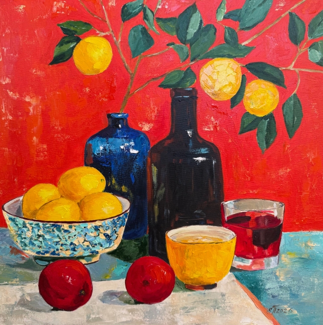 Painting for sale online - lemons against a red wall