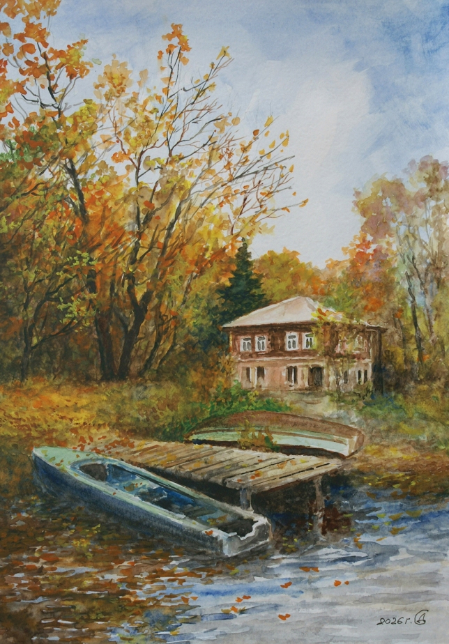Painting for sale online - A house on the river bank