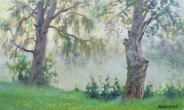 Painting for sale online - Birches in the morning fog