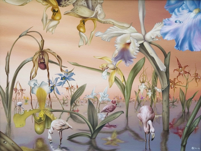 Painting for sale online - Flamingos in the orchid garden