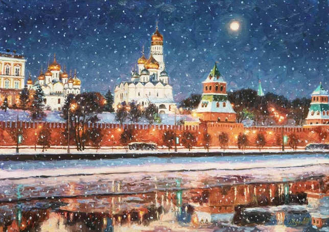 Painting for sale online - The snow shimmers silver in the moonlight