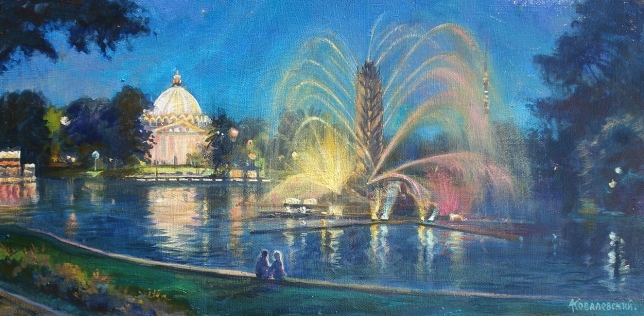 Painting for sale online - Evening at the VDNKh Golden Ear Fountain