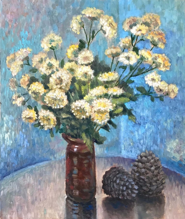 Painting for sale online - Still life with chrysanthemums and cedar cones