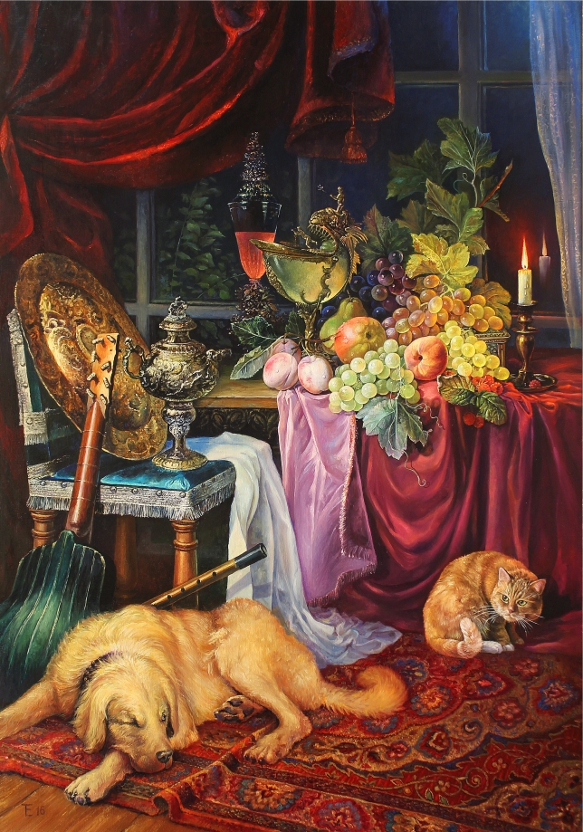 Painting for sale online - Animalistic still life with antique objects and candle from past lives