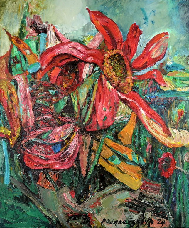 Painting for sale online - Landscape with red flower