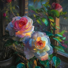 Painting for sale online - Roses by the window