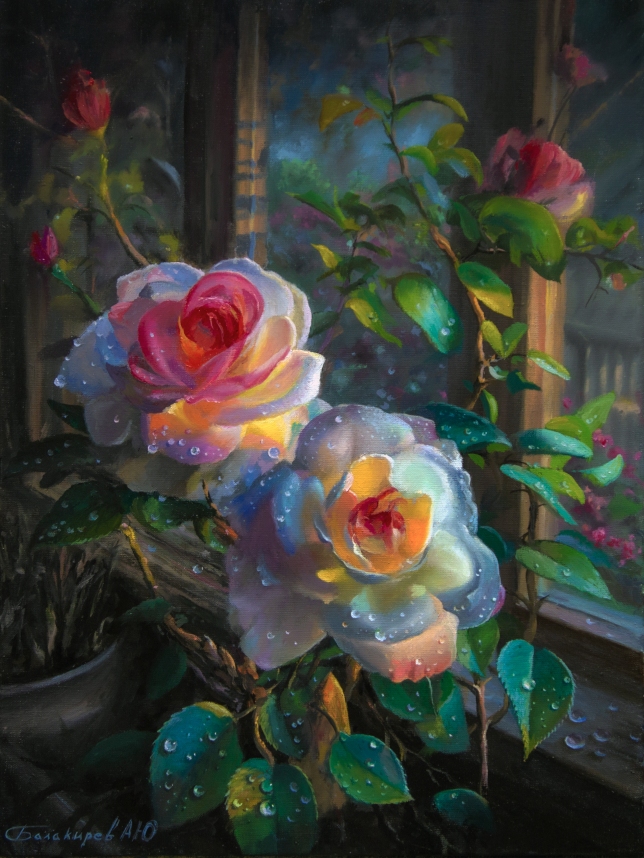 Painting for sale online - Roses by the window