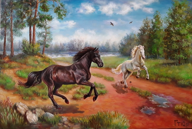 Painting for sale online - The horses are racing free