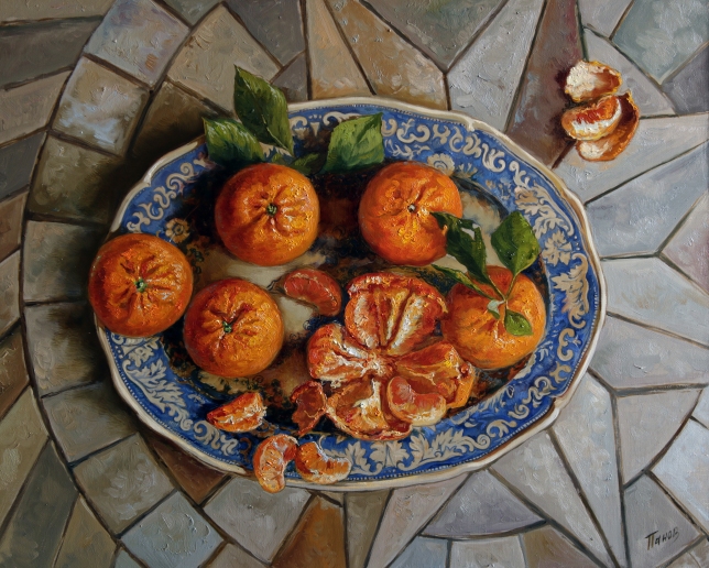 Painting for sale online - Tangerines on the blue plate