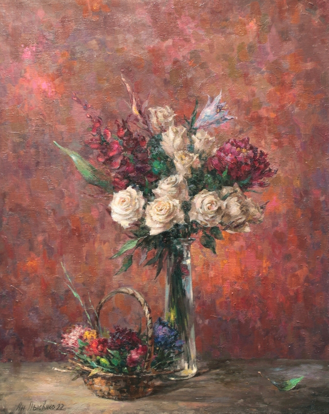 Painting for sale online - Flowers on red background