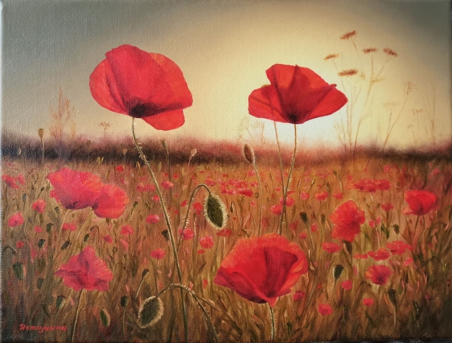 Painting for sale online - Sunset in a poppy field
