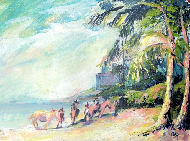 Painting for sale online - Pink horses on a white beach