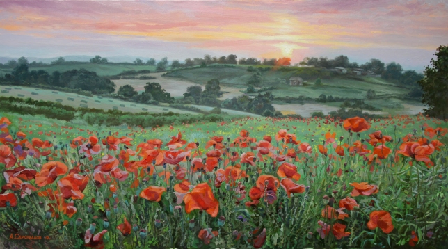 Painting for sale online - Red poppies in a green field