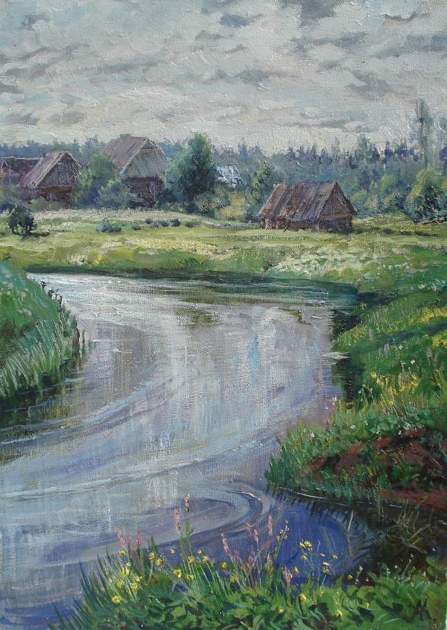 Painting for sale online - Cloudy. The river is in flood.