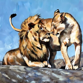 Painting for sale online - Connection of hearts. Lions on a hill