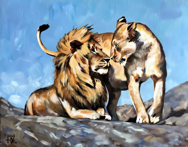 Painting for sale online - Connection of hearts. Lions on a hill