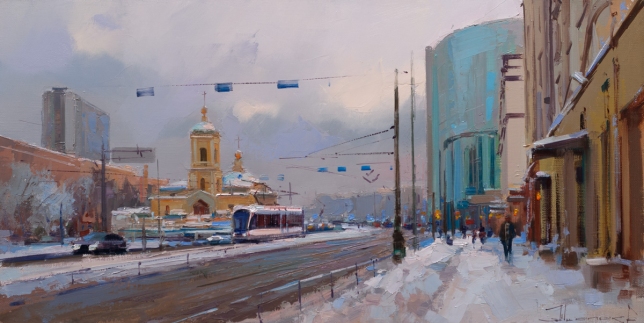 Painting for sale online - February weekdays. Preobrazhenskaya Square.
