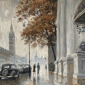 Painting for sale online - Foggy day. Town Hall Square