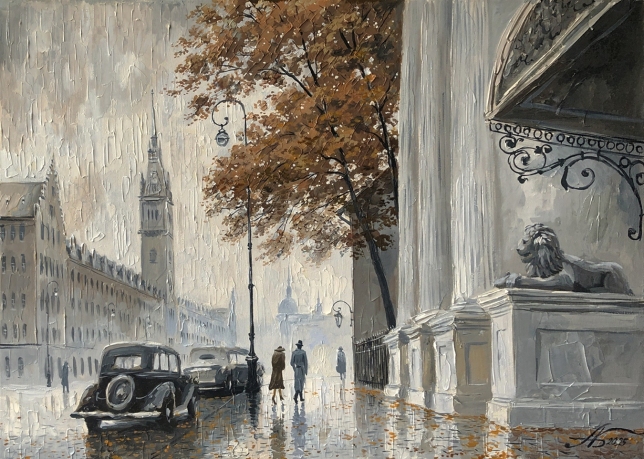 Painting for sale online - Foggy day. Town Hall Square.