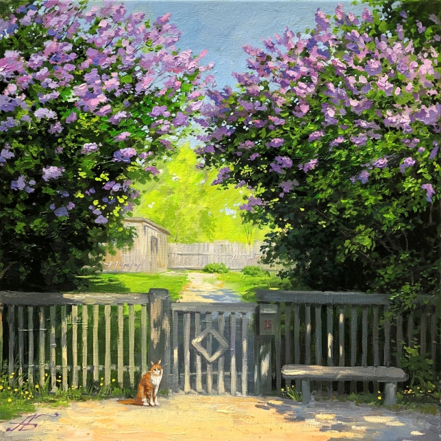 Painting for sale online - Lilac above the gate.
