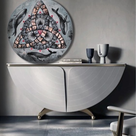 Painting for sale online - Round picture amulet Trixel Three whales