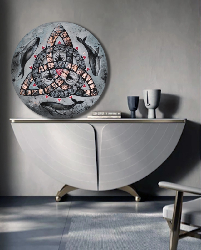 Painting for sale online - Round picture amulet Trixel Three whales
