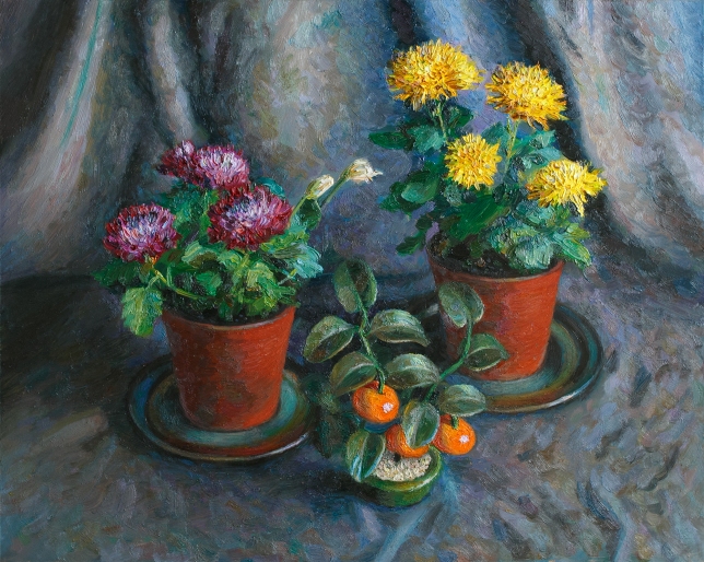 Painting for sale online - Chrysanthemums on a dark blue background