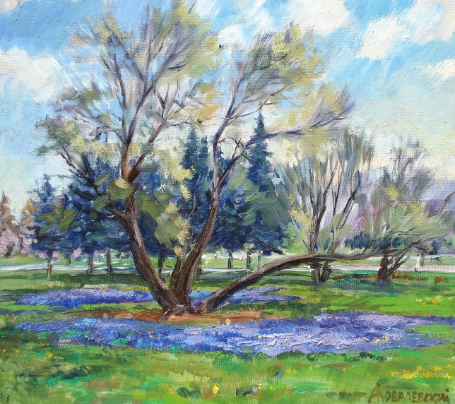 Painting for sale online - Muscari on the lawn