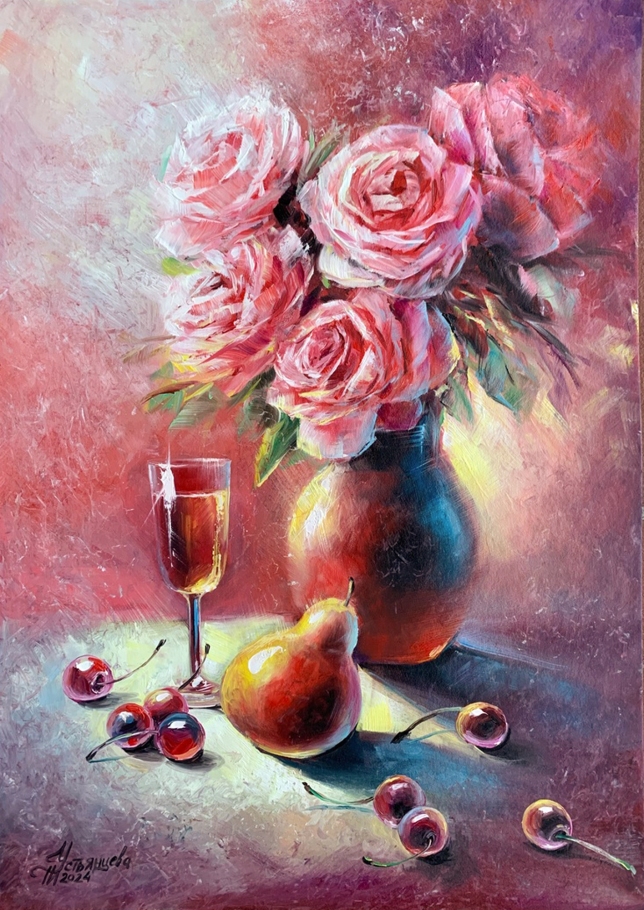 Painting for sale online - Red Still Life with roses and a glass
