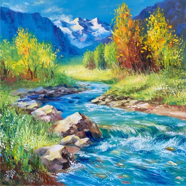 Painting for sale online - Autumn mountain landscape with a river