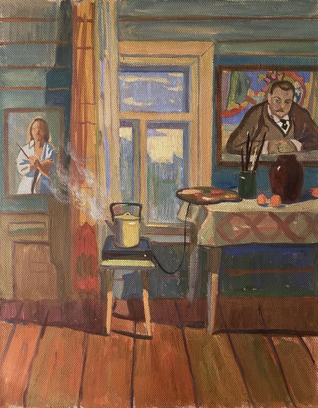 Painting for sale online - Self portrait in a workshop in the village