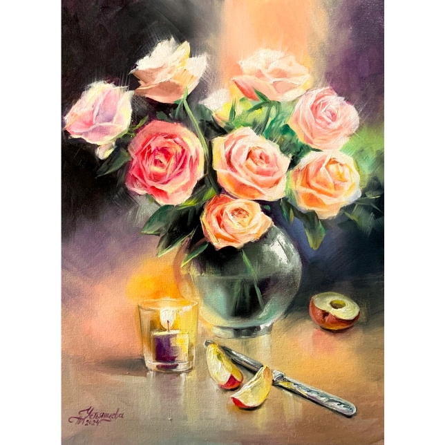 Painting for sale online - Roses in a vase and a candle