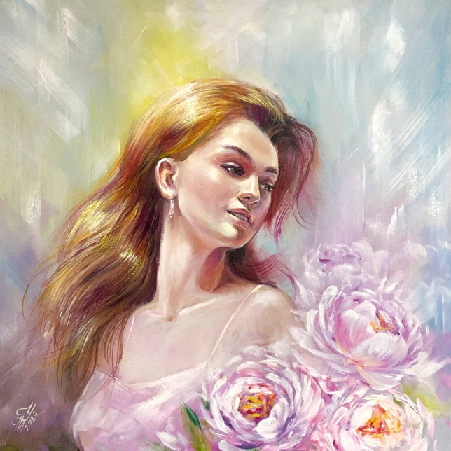Painting for sale online - Woman and peonies
