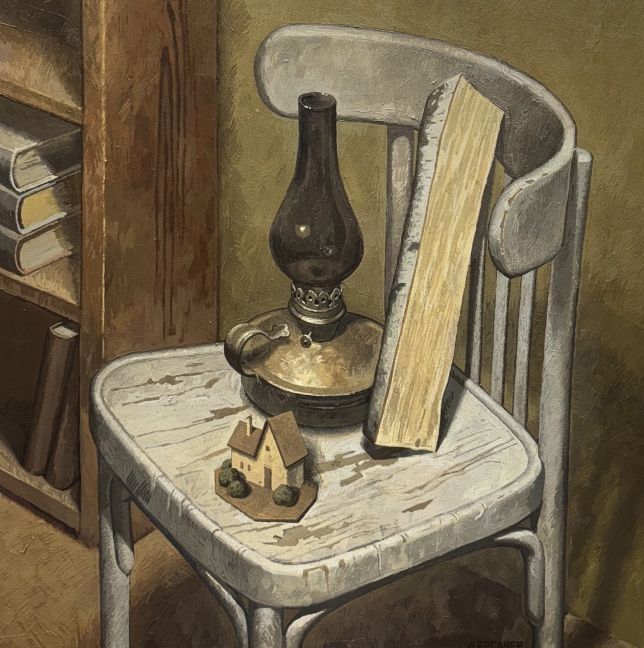 Painting for sale online - A lamp, a log and a house