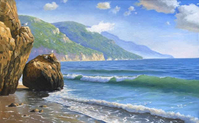 Painting for sale online - Wild seashore with seagulls.