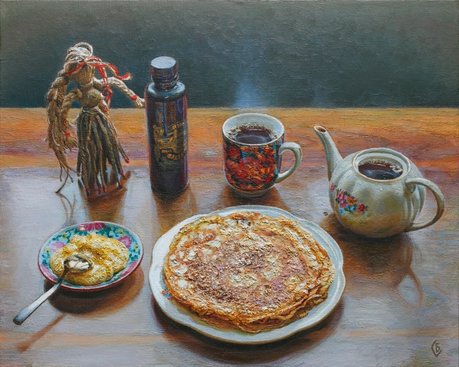 Painting for sale online - Pancakes with honey and tea