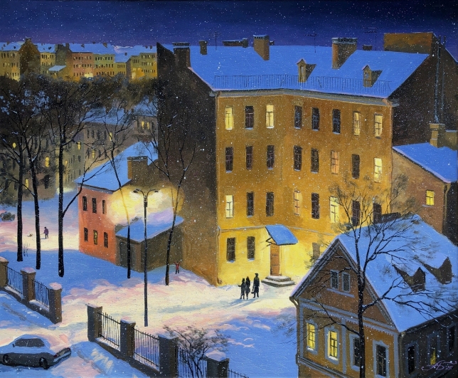 Painting for sale online - Snow over the yards. Evening.