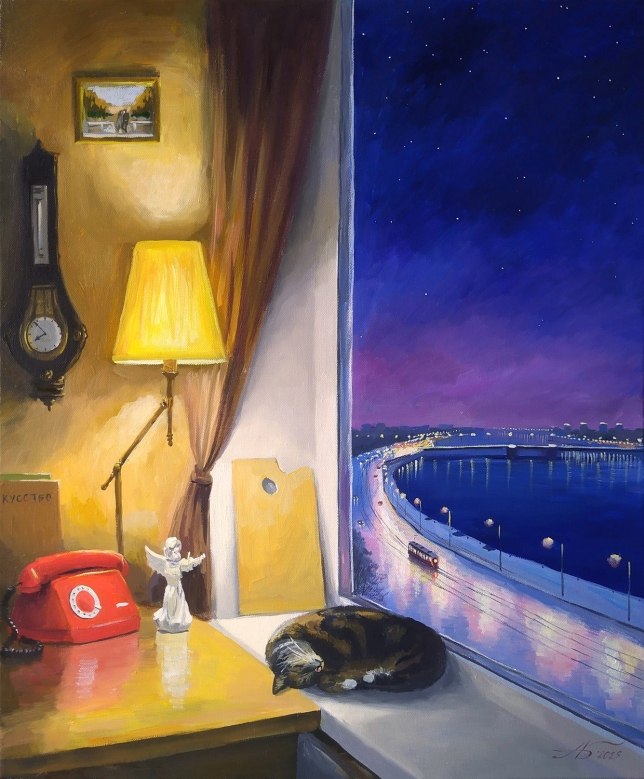 Painting for sale online - A cat's evening sleep on a window overlooking the Neva. 