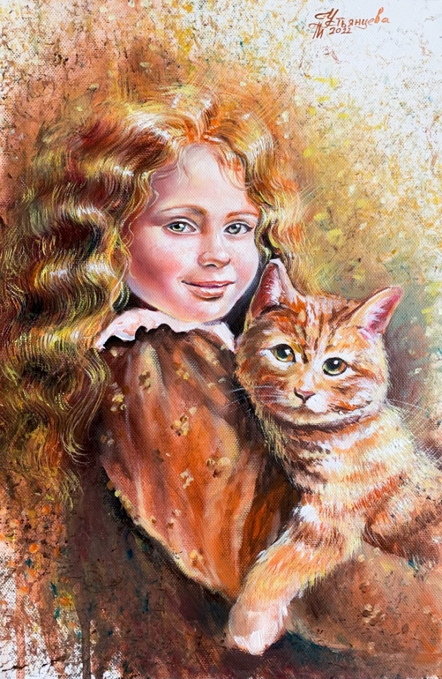 Painting for sale online - Girl with a cat