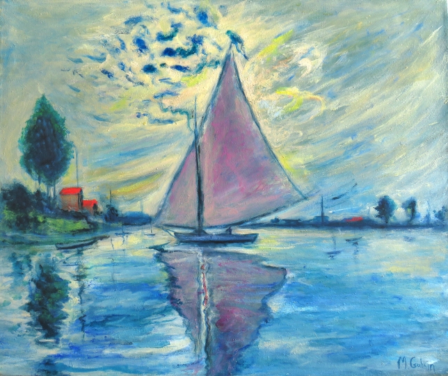 Painting for sale online - Landscape with a sail and sun (copy of Monet's painting)