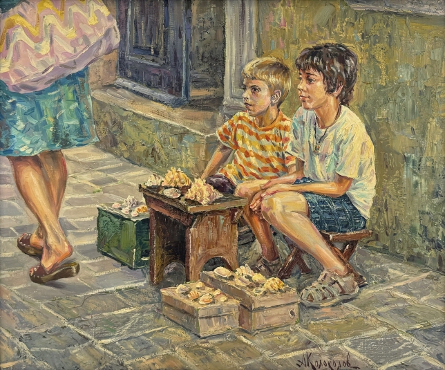 Painting for sale online - Young merchants of sea souvenirs