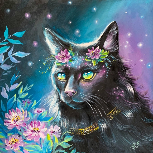 Painting for sale online - Black cat and flowers