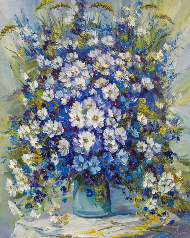 Painting for sale online - Bouquet with blue daisies