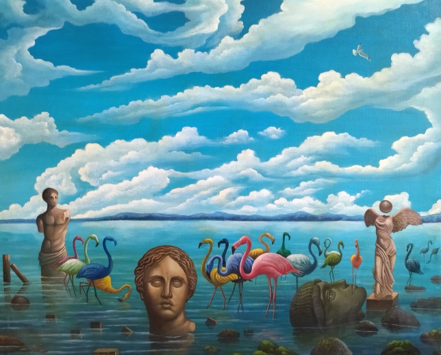 Painting for sale online - A pink flamingo in the wreckage of civilization