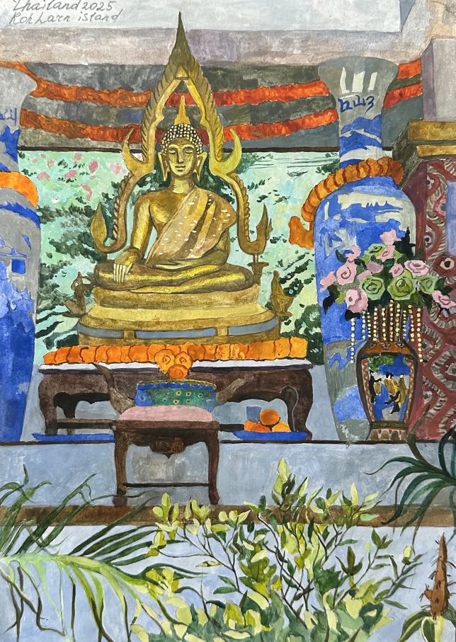 Painting for sale online - Island Koh Lan. Golden Buddha in flowers